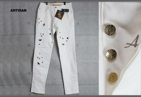 新品アルチザン最高品質 伊藤若冲 スーベニア 蝶刺繍 こだわりストレッチ ジーンズLL白 定価4.9万円/ホワイトデニムARTISAN2拍卖