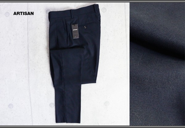 新品アルチザン 日本製 ウール ギャバジン ストレッチ ツータック スラックス/S/紺 定価3.1万円/ARTISAN MEN/2拍卖