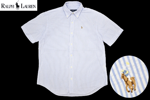 ★☆Y-6415★送料無料★Ralph Lauren ラルフローレン★青 ストライプ ポニーロゴ刺繍 涼しいサッカー生地 半袖 B/D シャツ 150cm☆★拍卖