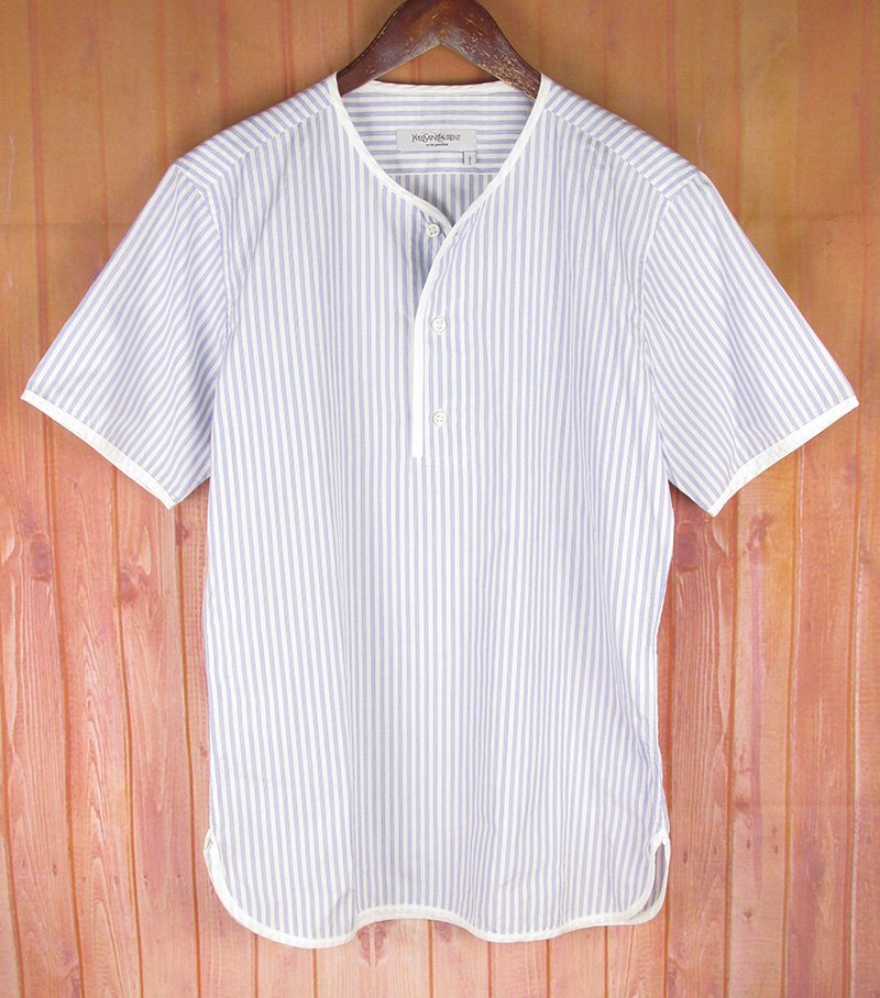 LSH4060 Yves Saint Laurent イヴサンローラン プルオーバー ストライプ 半袖 シャツ 38/15 ブルー系拍卖