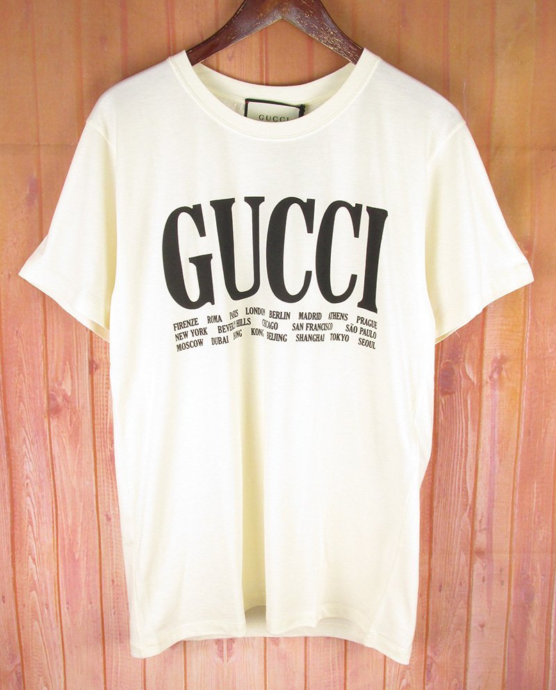 LST10127 GUCCI グッチ Cities Logo Print Tee ロゴ Tシャツ 都市名 イタリア製 XS アイボリー系 未使用拍卖