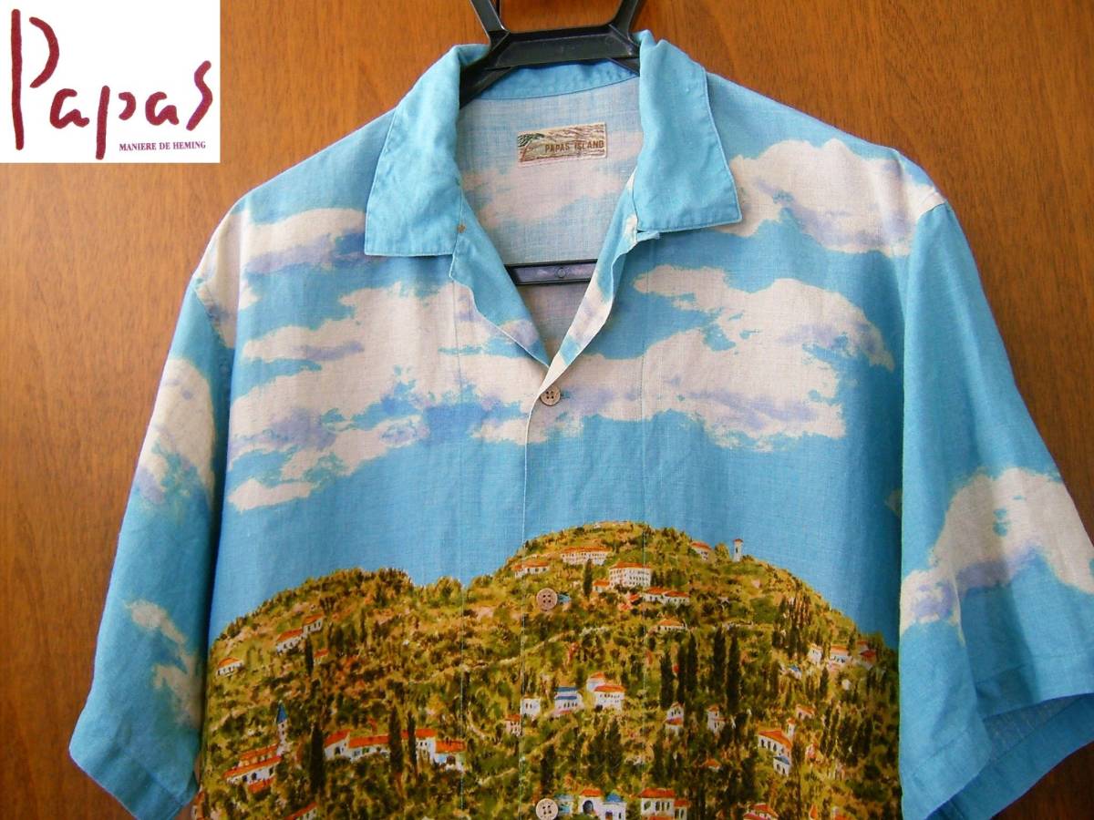 パパス PAPAS 麻100% リネンシャツ アロハシャツ 半袖シャツ拍卖