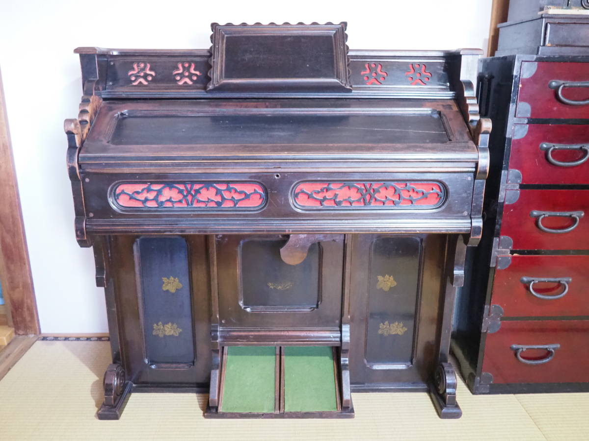 【明治期の足踏みリードオルガン】ハーモニウム木製鍵盤楽器ピアノ古道具アンティーク骨董インテリア教室インダストリアル箪笥楽譜譜面台拍卖
