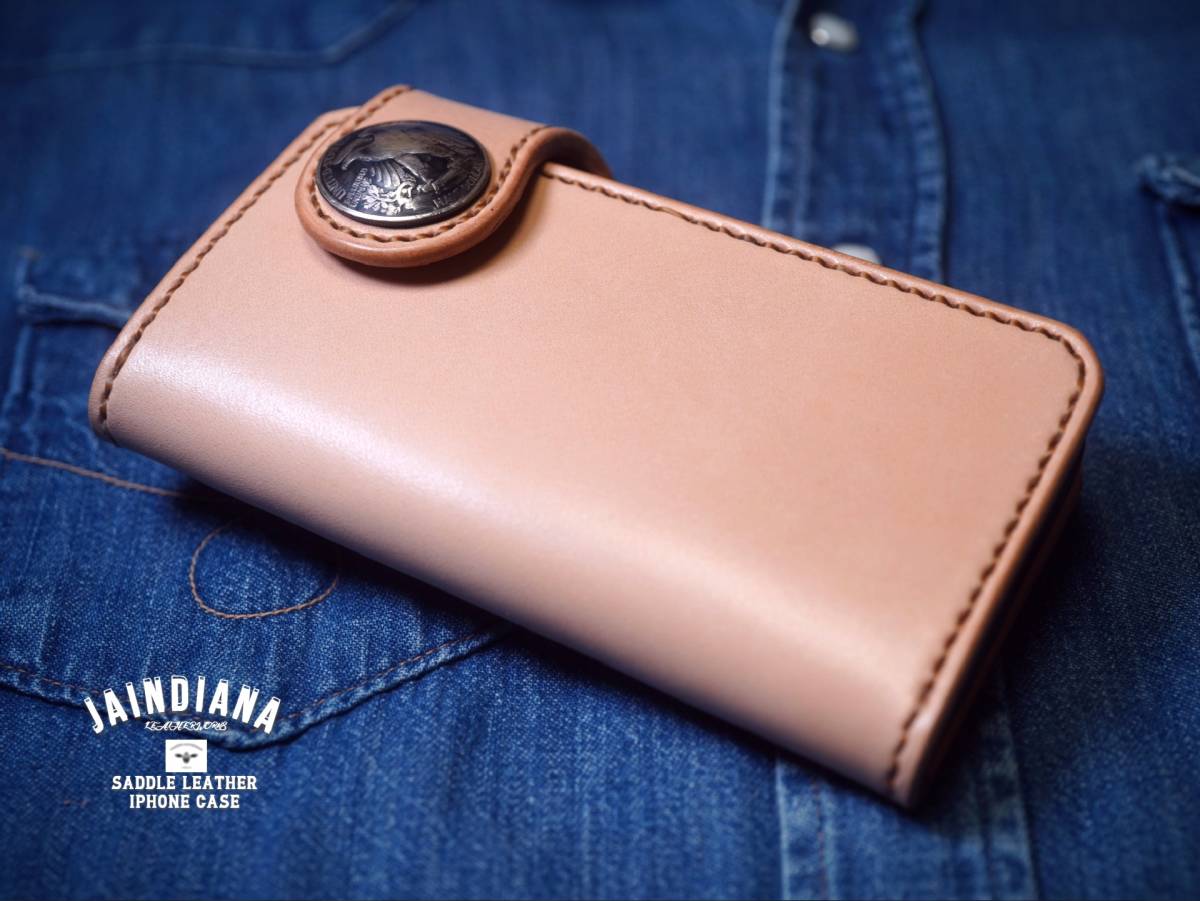 iPhone14ケース 手縫い サドルレザー ナチュラル バイカーズ (14pro・proMAX・14Plus用の製作も可)拍卖