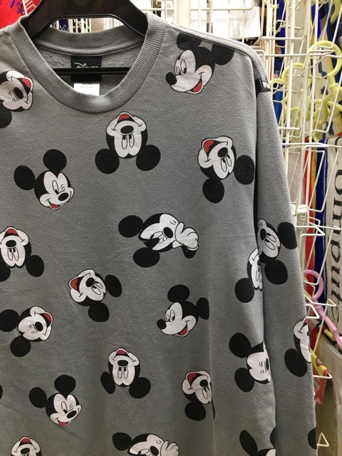 Disney ディズニー ミッキーマウス フェイス 総柄 スウェット トレーナー グレー XL拍卖