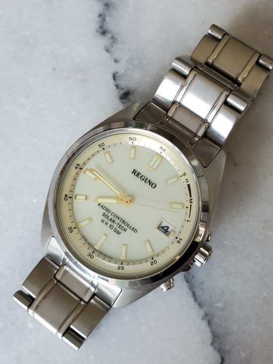 シチズン★レグノ/REGUNO★ソーラー腕時計★GN-4-S-12G★ソーラーテック★ラジオコントロール★電波★ラウンドフェイス★3針★デイト表示拍卖