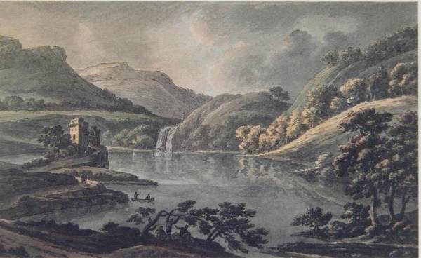 ロバート・アダム、滝が流れ入る湖の上に城のある想像の風景、希少画集・額装画、新品・日本製額縁付、状態良好、送料無料、y321拍卖