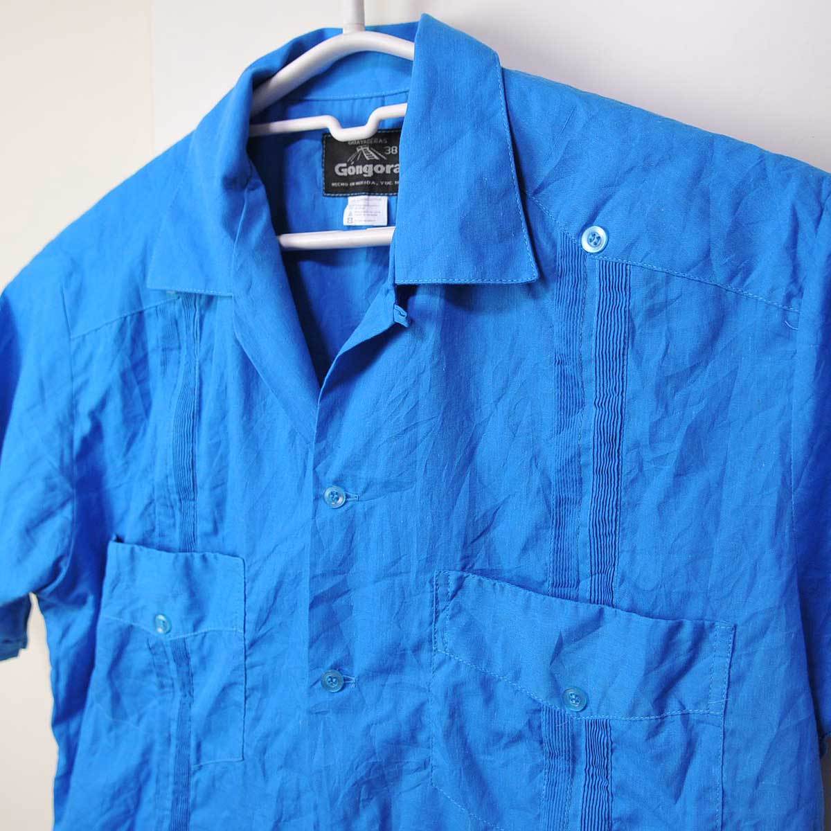 古着●キューバシャツ 半袖 ブルー サイズ38 M相当 身丈71x身幅57.5 元生地がよくない・薄いシミ xwp拍卖