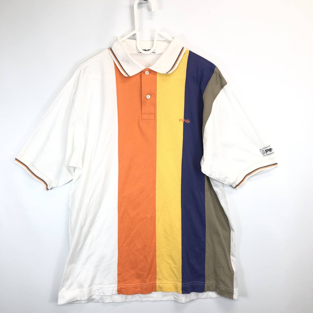 PING ピン ゴルフポロシャツ Lサイズ ネイビー イエロー オレンジ ホワイト 90s 日本製 アシックス 170-180拍卖