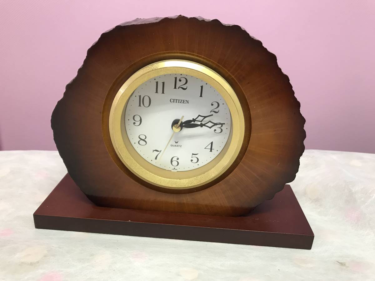 ◎ヤYS2537★木製CITIZENシチズン リズム時計クォーツ W0383N 4S66661-0 動作OK 置時計 年輪 天然木 昭和レトロ インテリア オブジェ ECM拍卖
