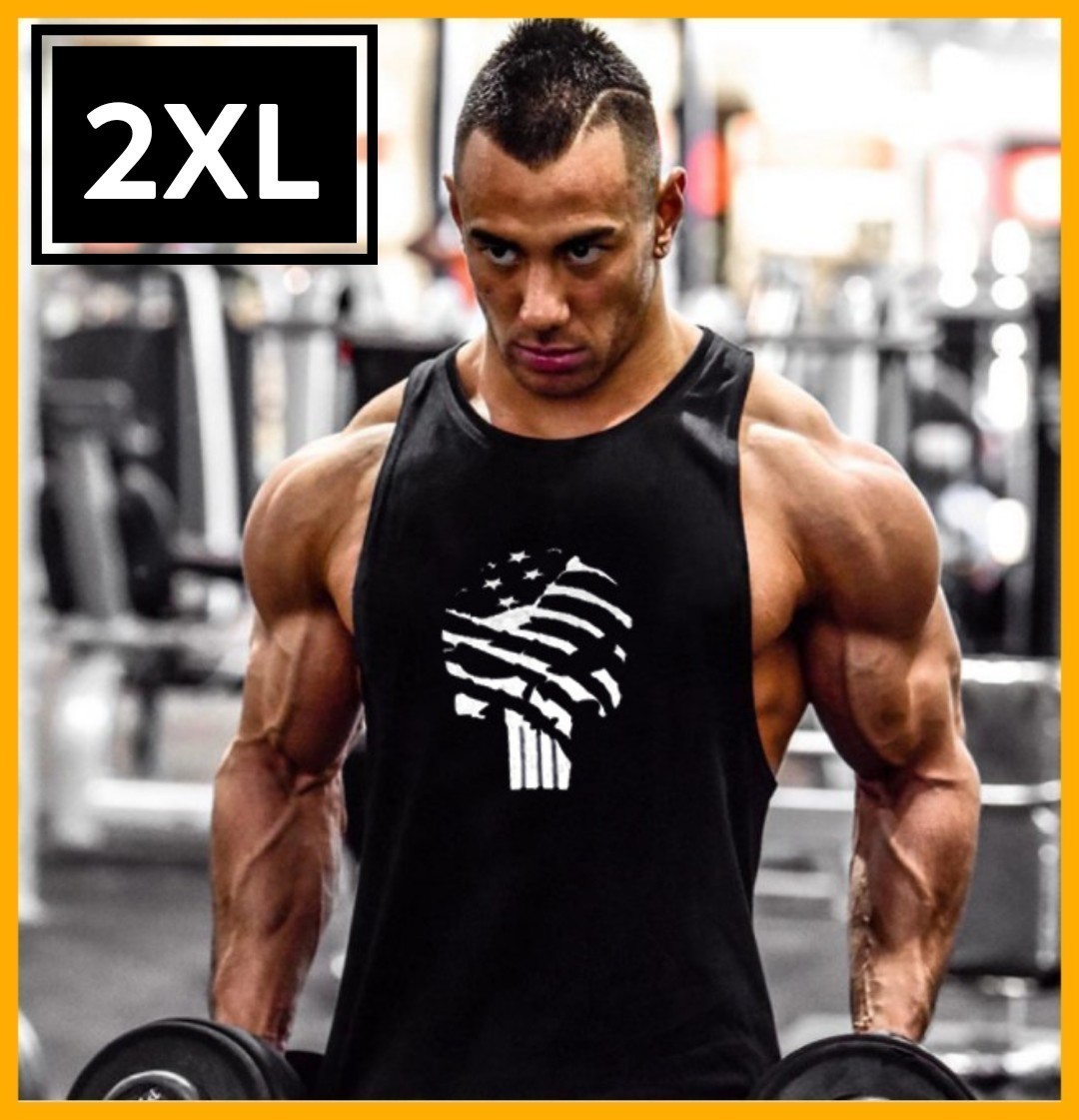 メンズ スカル柄 タンクトップ ノースリーブ ブラック 筋トレ ウェア 2XLトレーニングウェア ボディビル フィットネス ジムウェア拍卖