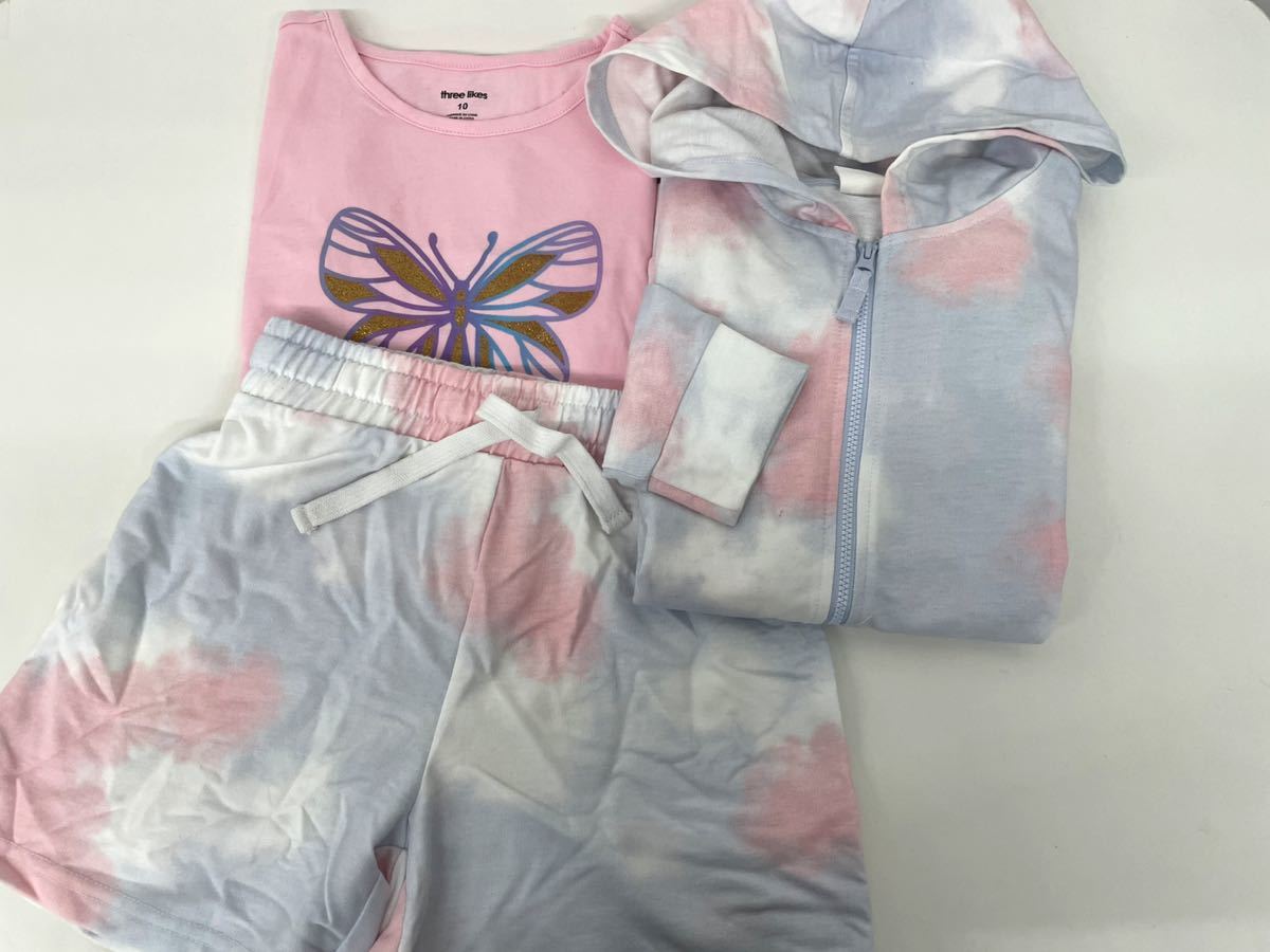 未使用■three likes パーカー セットアップ 10 / 10歳 134.5cm-139.5cm ハーフパンツ 半袖 3点セット拍卖