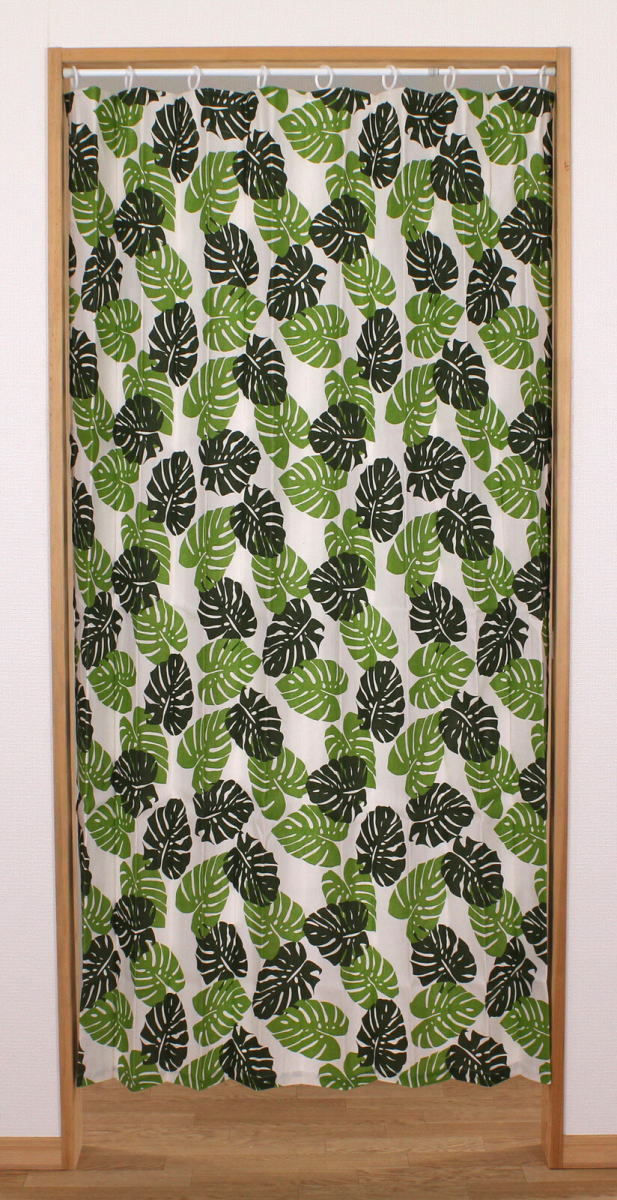 形状記憶アコーディオンのれん140X178cm:間仕切り カーテン/モンステラ グリーンnaru-14004拍卖