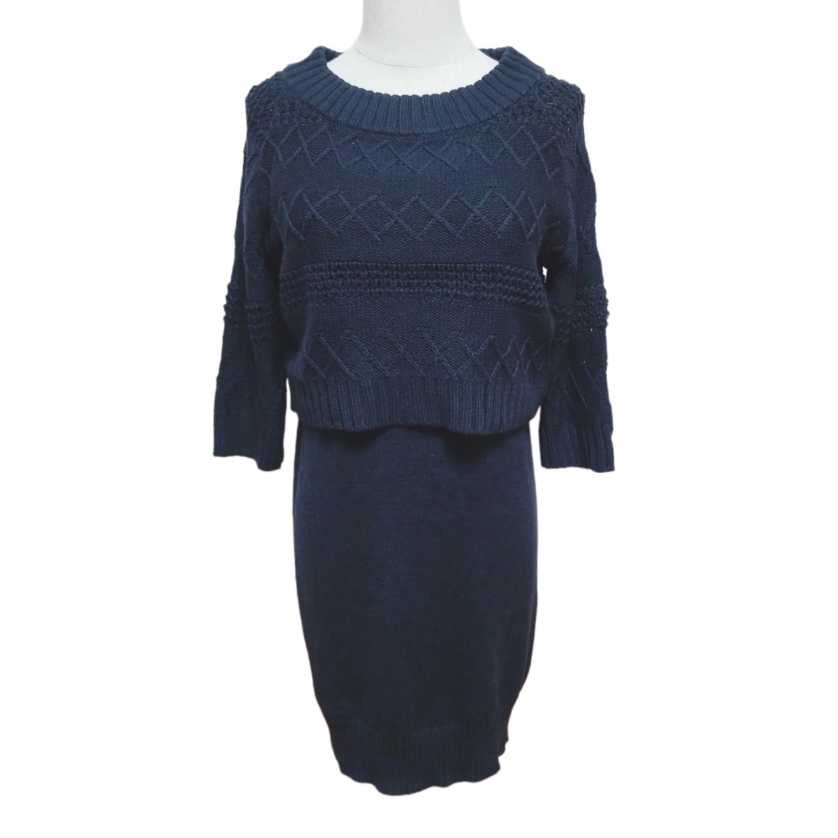 Y683 CECIL McBEE セシルマクビー 七分袖 ショート丈ニットセーター ノースリーブ ミニワンピース アンサンブル セット M ネイビー 紺拍卖