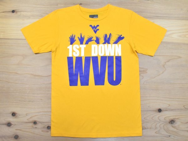 USA古着 Majestic Triple Peak ウェストバージニア大学 Tシャツ sizeM 黄色 イエロー カレッジ ロゴ スポーツ マジェスティック アメリカ拍卖