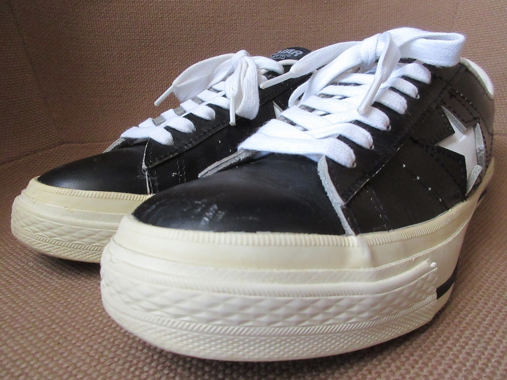 90's 00's 日本製 コンバース ONE STAR OXレザー スニーカー 23cmブラック ホワイトCONVERSEワンスター 本革 ローカット シューズ 天然皮革拍卖