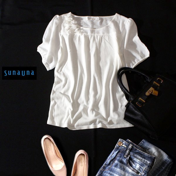 ☆☆ 美品 SunaUna スーナウーナ ☆☆ 可愛いシフォン切り替え コットン ニット プルオーバー 38号 M 春 夏 23D08拍卖