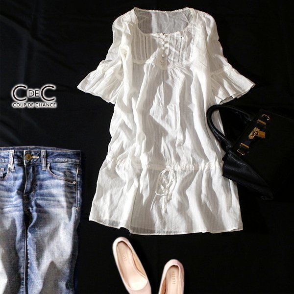☆☆ 美品 (株)ワールド COUP DE CHANCE クードシャンス ☆☆ 大人可愛い レース コットン 薄手 チュニック 38号 M 春 夏 23D08拍卖