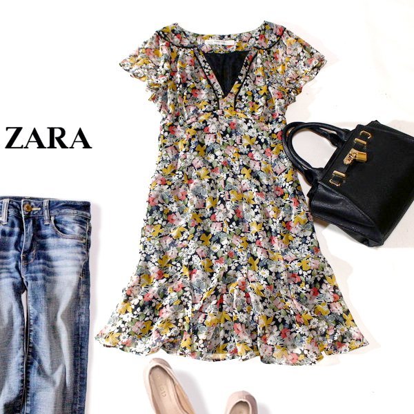 ☆☆ 美品 ザラ ベーシック ZARA BASIC ☆☆ 可愛い花柄 シフォン ワンピース XS 春 夏 23A09拍卖