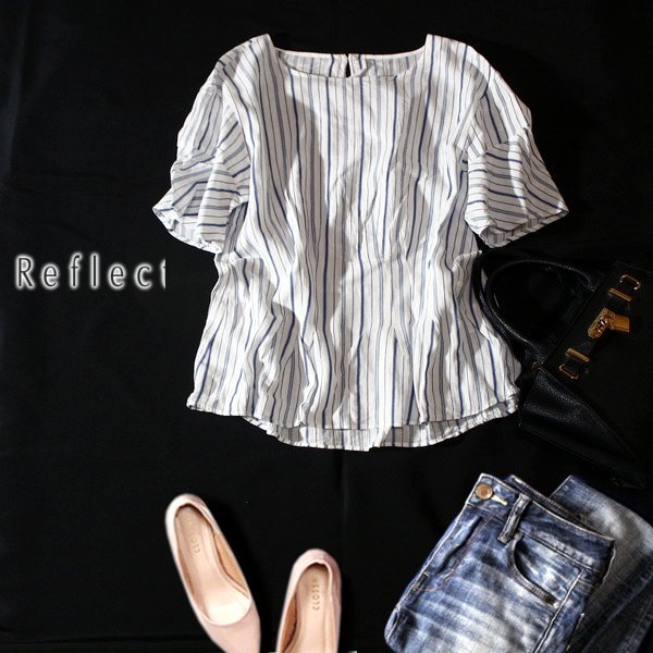 ☆☆ 美品 (株)ワールド REFLECT リフレクト ☆☆ コットン100% ストライプ柄 カットソー 7号 S 春 夏 23A09拍卖