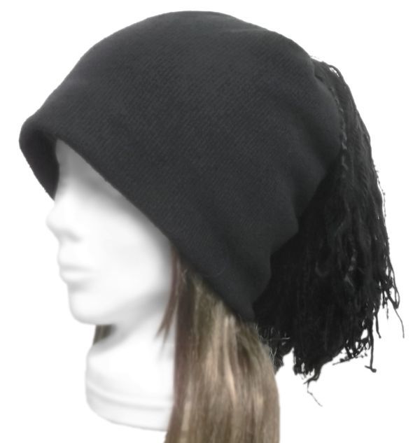 ハンドメイド◆mixフリンジ付/ワッチキャップ◆変り織コットンニット/ブラック ◇ゆったりサイズ・小顔効果・長いシーズン着用◇拍卖