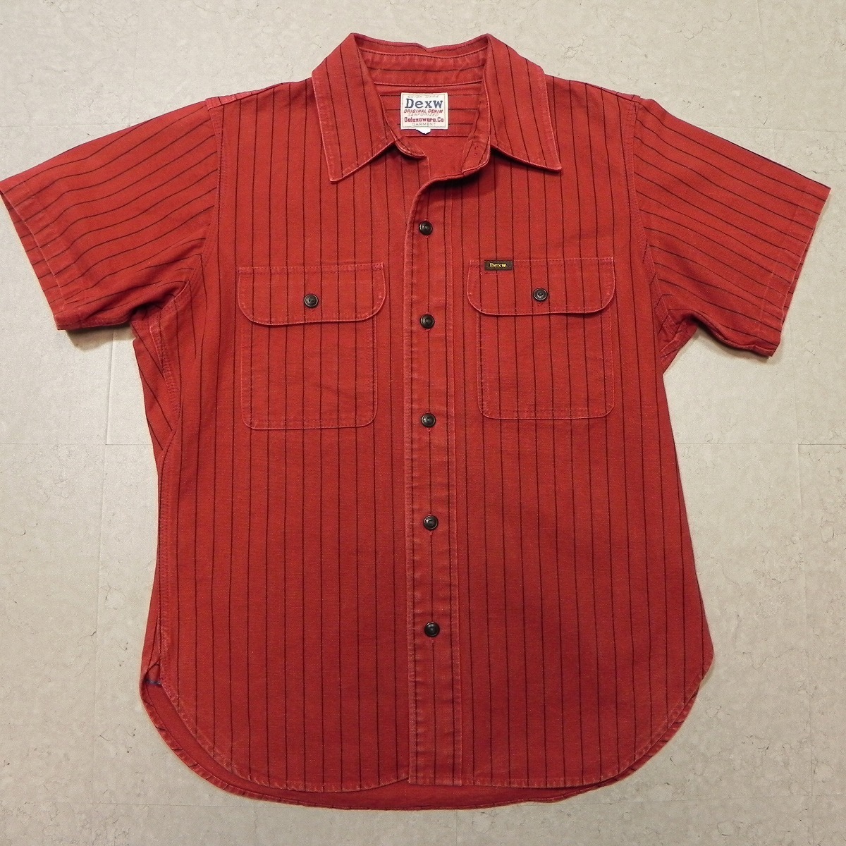 ★ DELUXEWARE デラックスウエア マチ付き ストライプ 半袖 ワークシャツ 日本製 M 赤茶色系 ★c拍卖