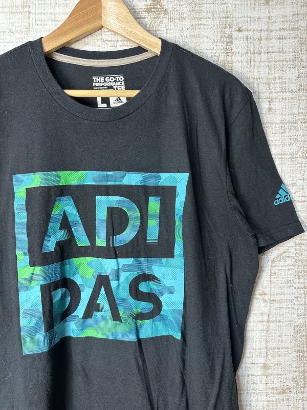☆US古着 adidas アディダス ドライ 速乾 スポーツ Tシャツ プリント ブラック黒 コットンポリ【L】 ◆3975◆拍卖