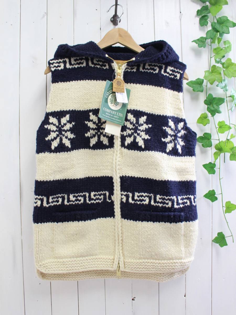 新品◆カナディアンセーター◆雪柄カウチンセーター フード付き ジップ ニットベスト(40)定価48,000円拍卖