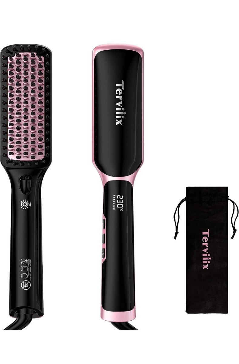 ヒートブラシ ストレートブラシ マイナスイオンヘアアイロンブラシ 25秒間急速加熱 130℃-230℃ 海外対応 耐熱ポーチ付き 【PSE認定済】拍卖