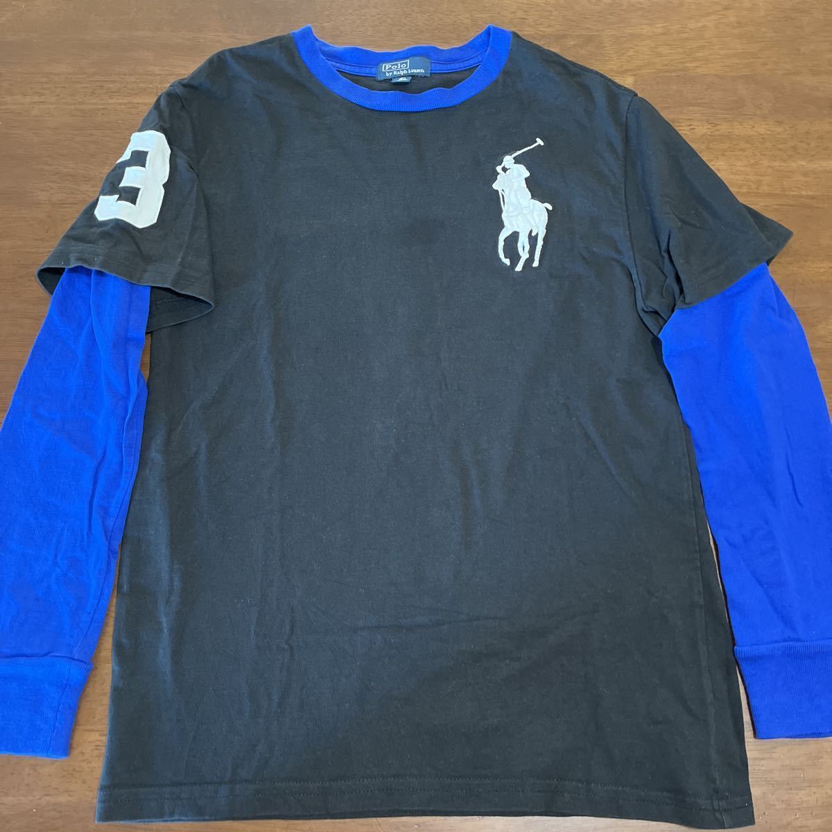 【RALPH LAUREN/ラルフローレン】重ね着風 ロンT 長袖Tシャツ 150㎝ ビッグポニー 中古 黒×青拍卖