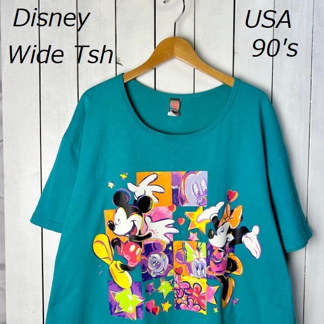 T●326 USA古着 90s USA製 ミッキー&ミニー 超ワイドTシャツ 26/28 緑 DISNEY オールド ヴィンテージ アメリカ古着 ディズニー レイヤード拍卖