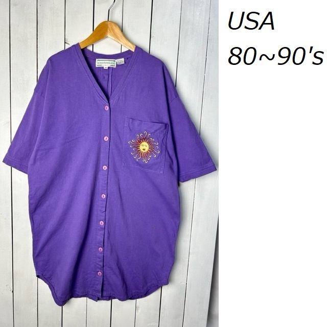 T●328 USA古着 80s~90sネコ柄 太陽刺繍 前後開き デザインTシャツ M~L 紫 オールド ヴィンテージ アメリカ古着 ロング丈 レイヤード拍卖