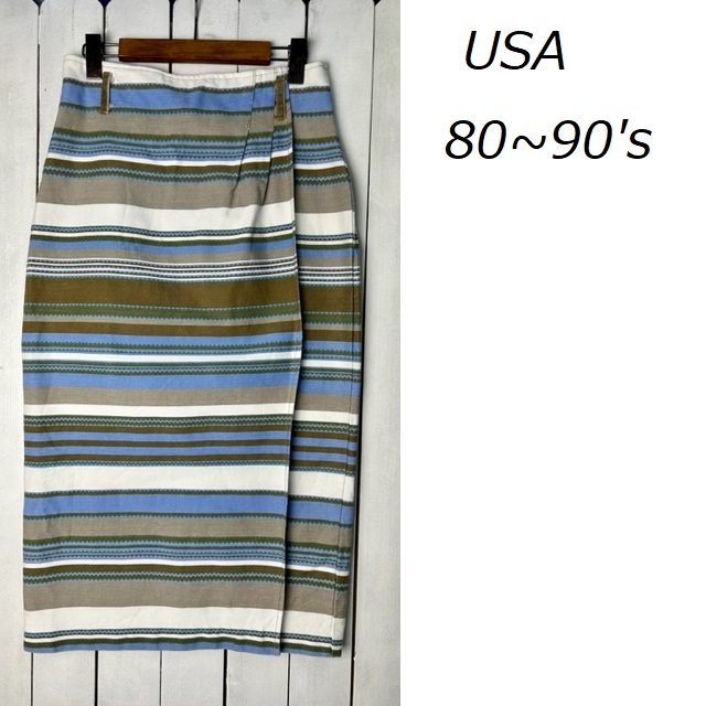 USA古着 80s~90s USA製 キャンバス ボーダーラップロングスカート M~L オールド ヴィンテージ アメリカ古着 巻きスカート風 TALON ●298拍卖