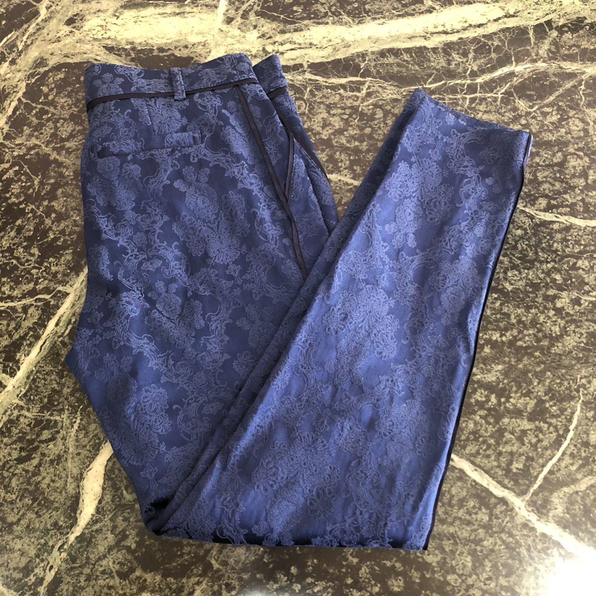 【美品】index★インデックス スリムパンツ ジャカード Sサイズ 青 ロイヤルブルー レディース ボトムス拍卖