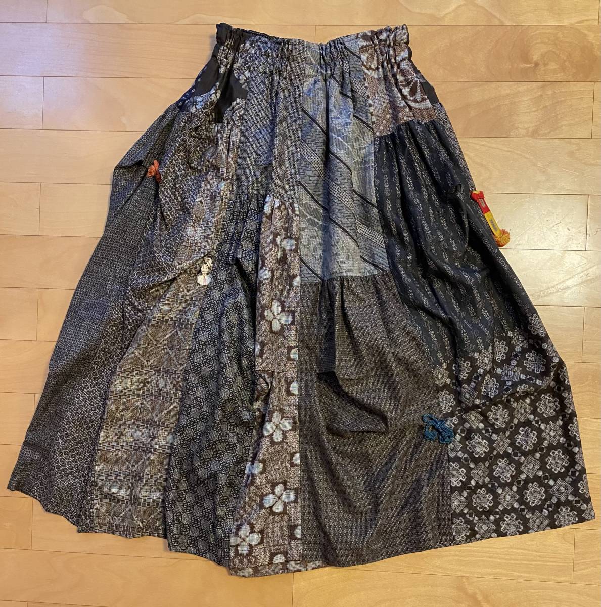 ☆即決☆ 古布100% 着物リメイク 切り替え ギャザースカート ロング 大島紬 百貨店拍卖