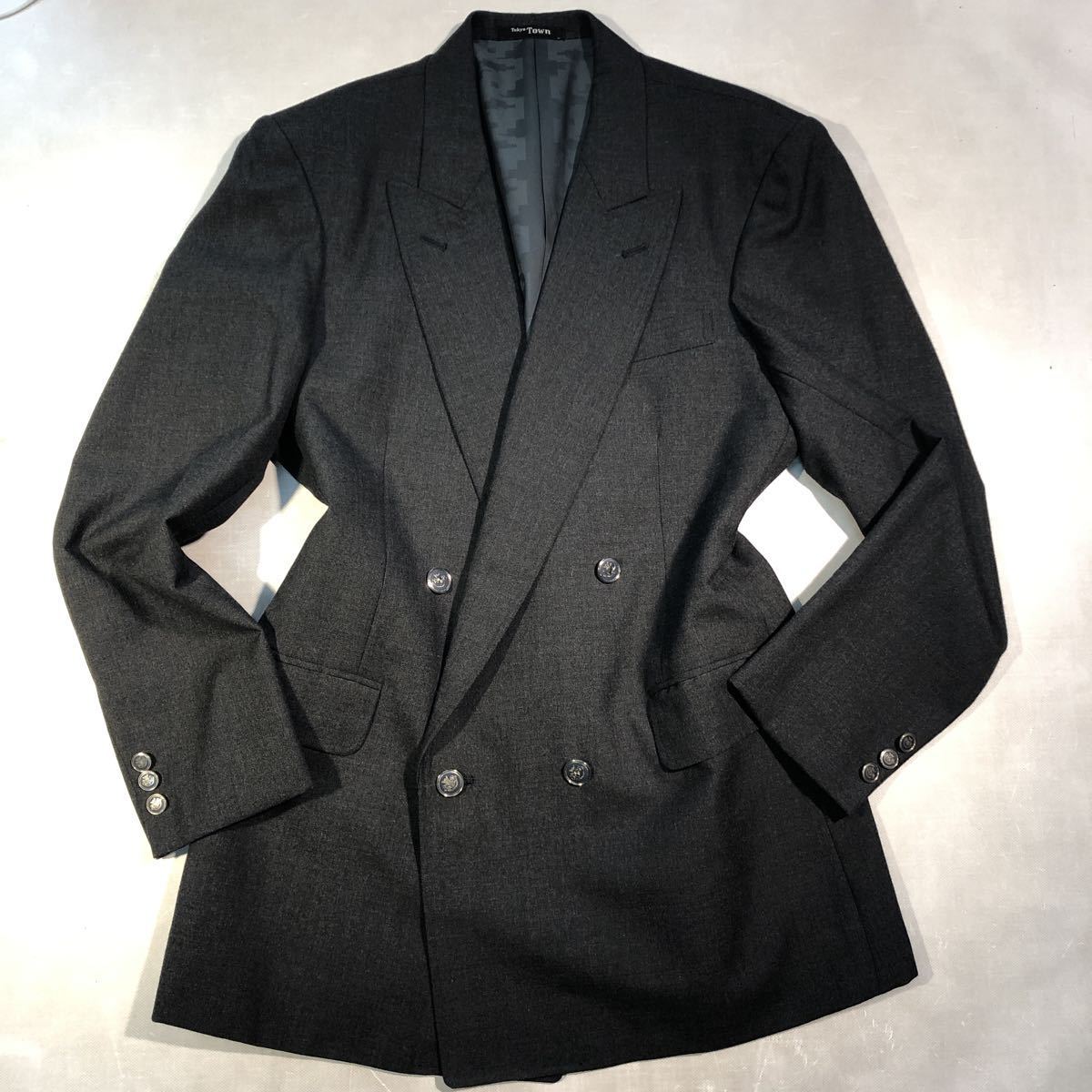 新品 【サイズA7 XL★ 幻のTokyotown】4Bダブルジャケット グレー系 背抜き サイドベンツ GOLFウェア メンズジャッケット ウール100%拍卖