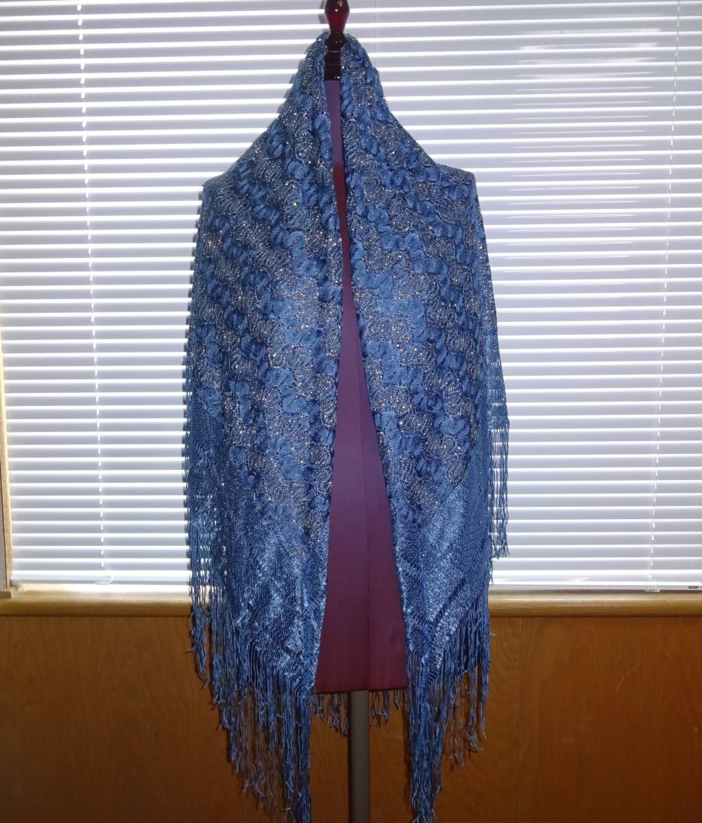 ストール フリンジ付きストール 青色×銀糸 正方形 大人のストール 日本製拍卖