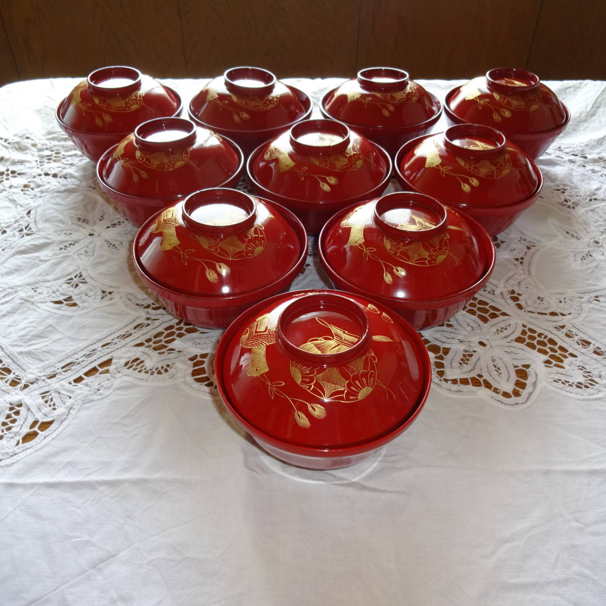 お椀10客 漆塗り蓋付きお椀 朱塗り 汁椀 お吸い物椀 3客キズ有り拍卖