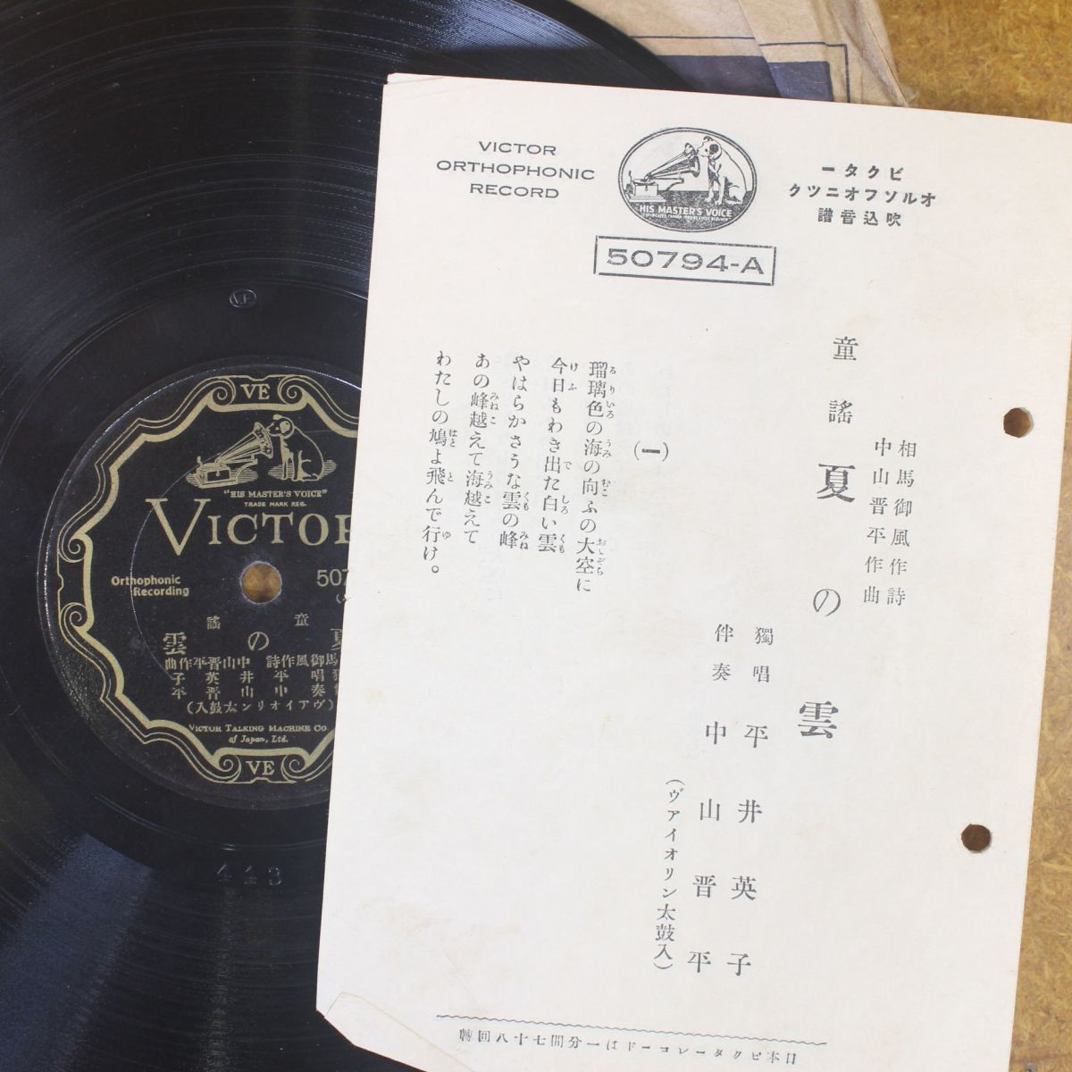 S94/SP盤/童謡 平井英子「夏の雲/ねんねんほろり」拍卖