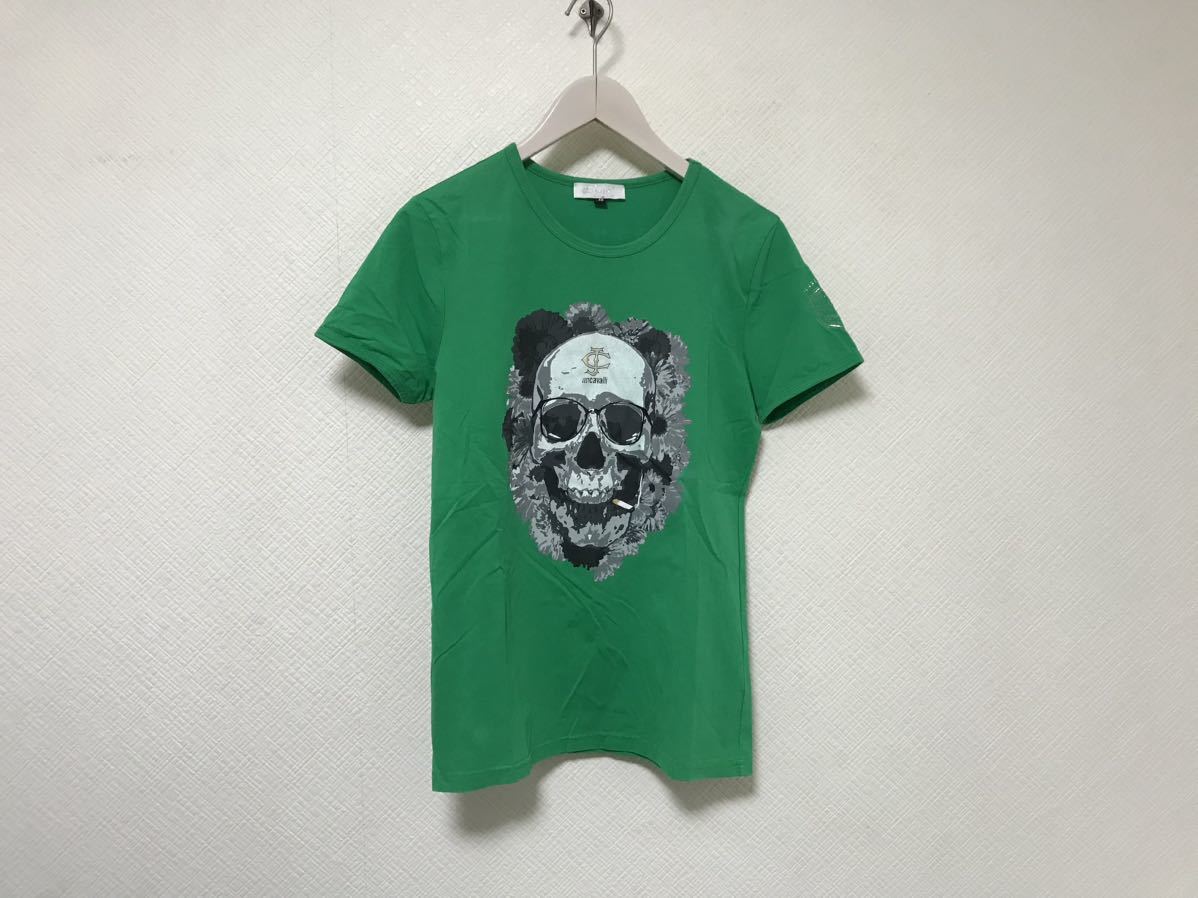 美品本物ジャストカヴァリJust Cavalliコットンスカルプリント半袖Tシャツメンズサーフアメカジミリタリービジネススーツ48緑グリーンL拍卖