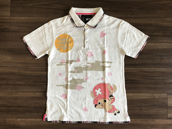 neutral infinity ONE PIECE 半袖 ポロシャツ シャツ バックプリント 白 チェック S チョッパー メリー号 麦わら海賊旗 桜 英字/ワンピース拍卖