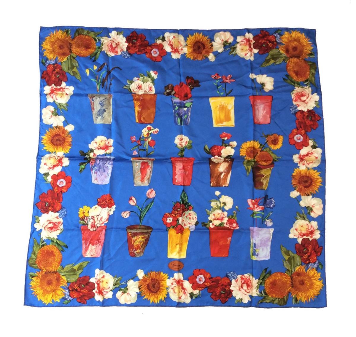 美品 GUCCI グッチ ITALY製 シルク スカーフ 花柄 花瓶 ブルー 柄 送料250円 (ma)拍卖