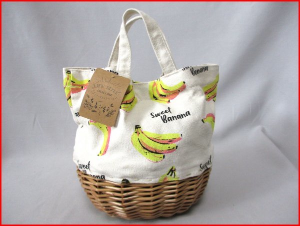 バナナ柄プリント トートバッグ◇帆布×柳 未使用 天然素材 W25cm拍卖