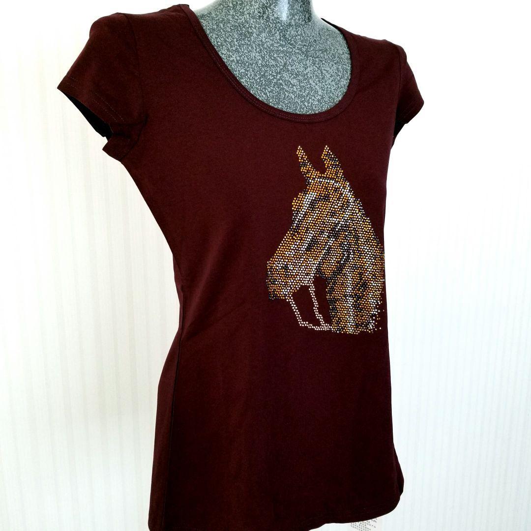 乗馬レッスンの行き帰りに キラキラ ホース ラインストーン ボルドー Tシャツ Mサイズ 乗馬 馬術拍卖
