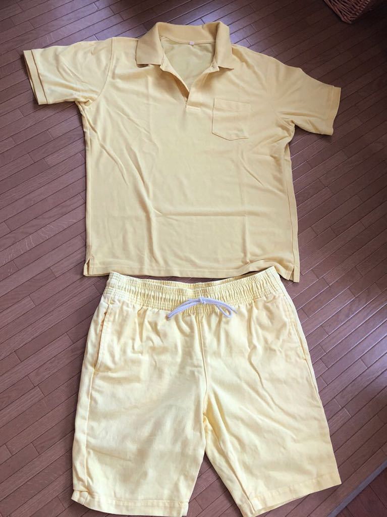 メンズXLサイズ 1回使用のみ ポロシャツ ズボン 上下セット ハーフパンツ 短パン イエロー 黄色 レジャー 夏の仕事着などに拍卖