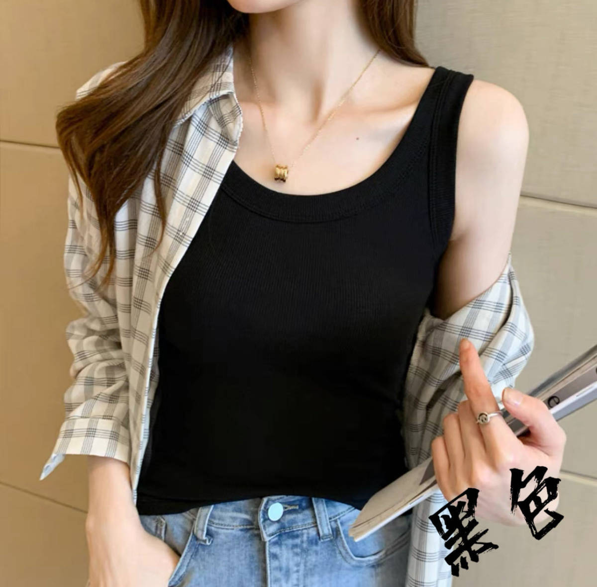 新品●送料無料●彼女に着せたい リブ タンクトップ●着るとなぜか いい女なれる 男性受け NO1 ブラック サイズフリー拍卖