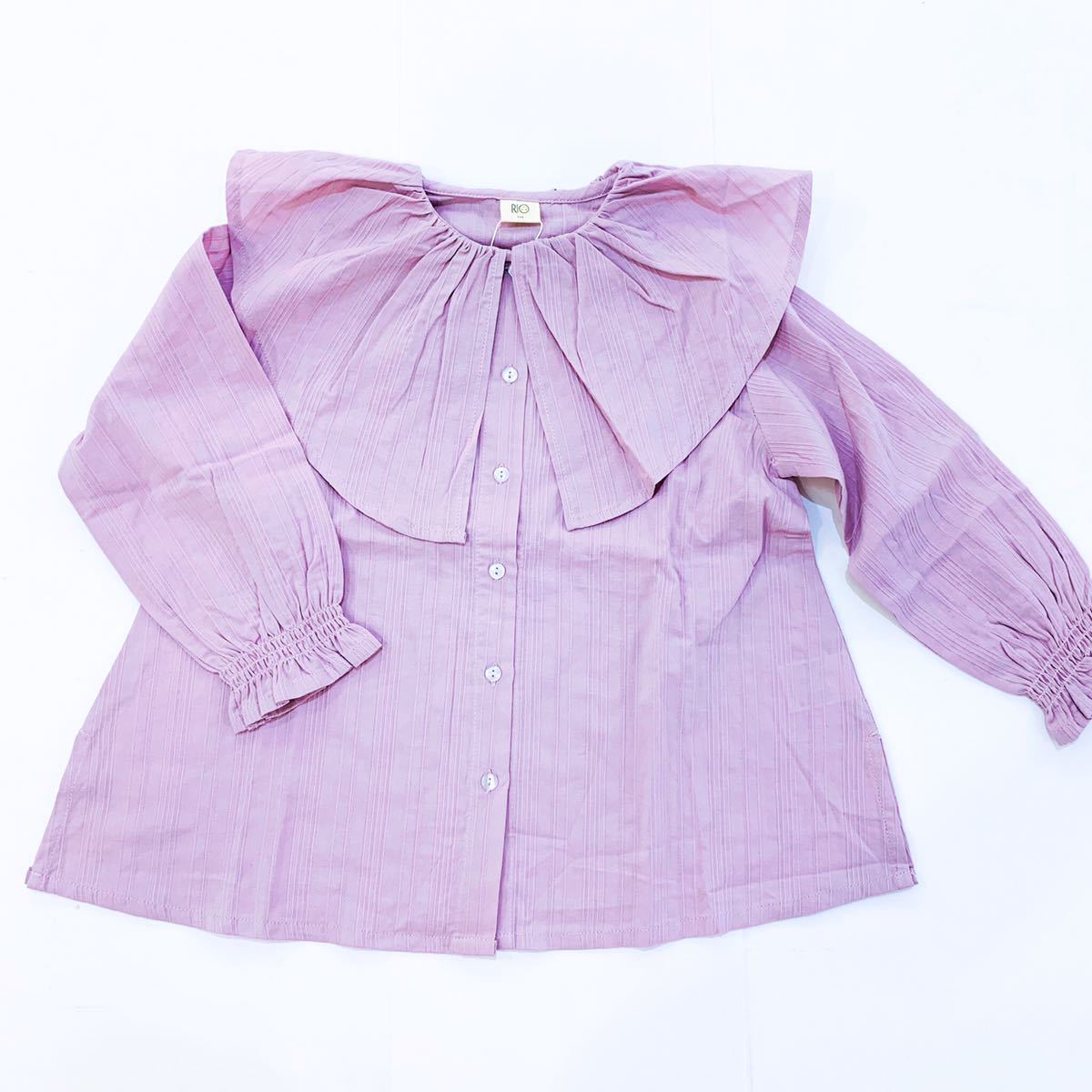 【新品未使用】RIO リオ 130cm ブラウス ラベンダー ピンク ビッグカラー 長袖 フリル ストライプ 重ね着 着回し かわいい くすみカラー拍卖
