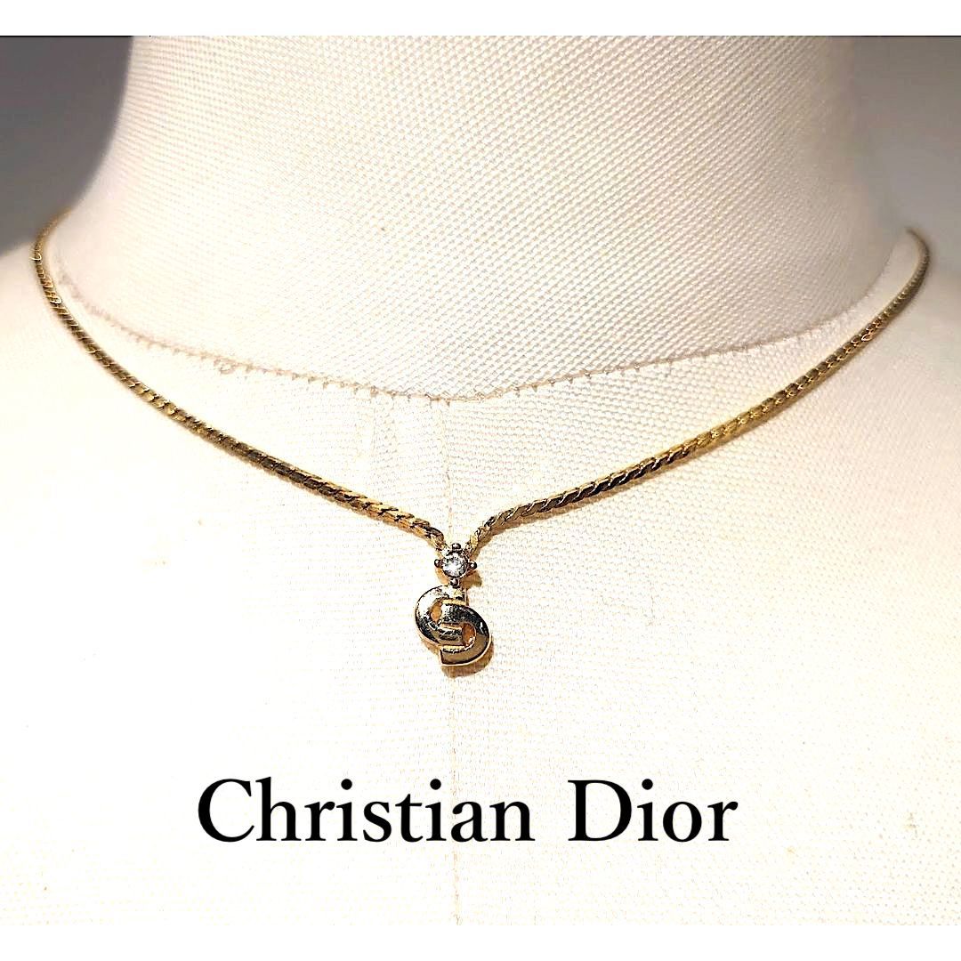 【良品】Christian Dior CD クリスチャンディオール CDモチーフ 立て爪 ラインストーン ネックレス ヴィンテージ ゴールド 鑑定済 送料無料拍卖