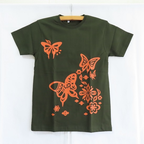 〓 新品 〓 アジアン Tシャツ 〓 バタフライ 蝶 エスニック アジア アーミーグリーン 男女兼用 ユニセックス おしゃれ 〓AJ545拍卖