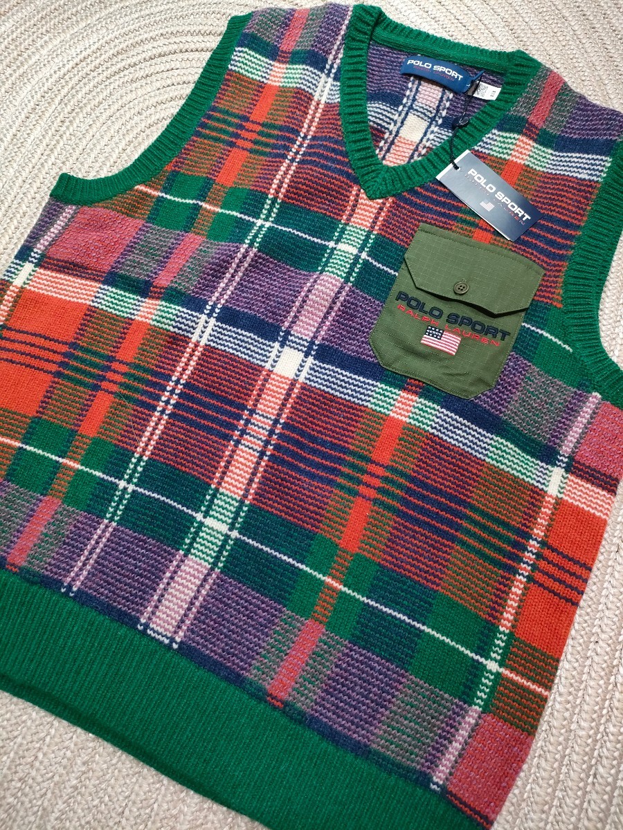 新品 定価53900 POLO SPORT ポロスポーツ ラルフローレン ニット ベスト US-L グリーン ウール 国内正規品 メンズ チェック セーター 緑拍卖